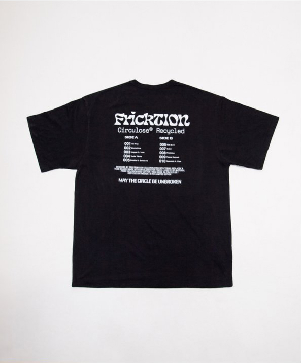 black t-shirt with Fricky and Circulose collaboration text